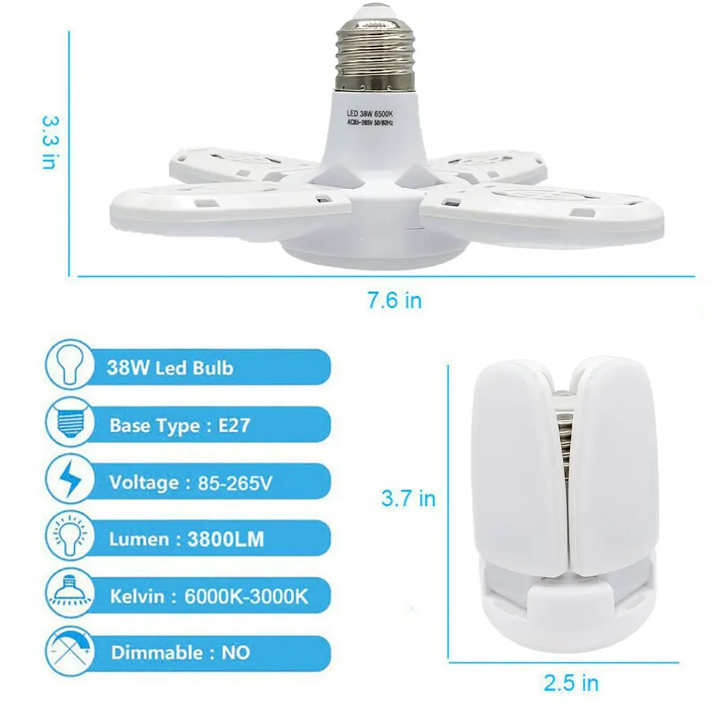 38W/60W/80W Led Garage Folding Light E27 Bulb Deformable Ceiling Fixture Light Durable Workshop Shop Lamp Energy Saving 
38W/60W/80W Led Garage Folding Light E27 Bulb Deformable Ceiling Fixture Light Durable Workshop Shop Lamp Energy Saving