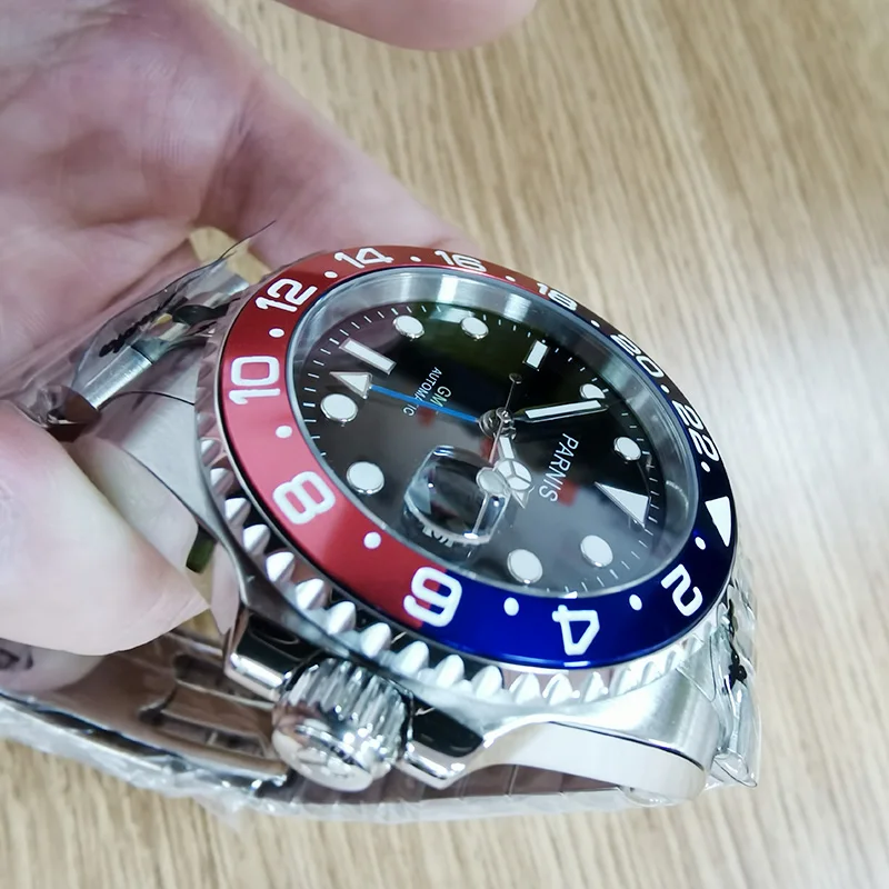Parnis 40mm Red Blue Bezel Mechanical Automatic Men Watches GMT Sapphire Crystal Jubilee Strap Men's Watch with box gift | Наручные
