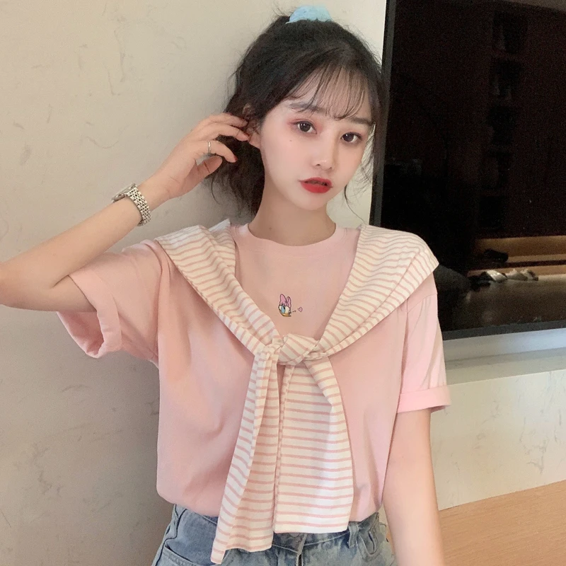 Short-sleeved t-shirt women's striped shawl navy collar summer new style college style tops 2021 Loose Tshirt Female sweet Pink
Short-sleeved t-shirt women's striped shawl navy collar summer new style college style tops 2021 Loose Tshirt Female sweet Pink