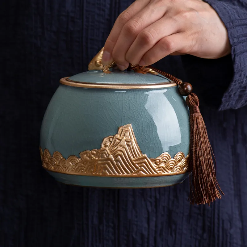 

Ge Kiln Ceramic Tea Caddy Sealed Pot Household Tea Storage Tank Chinese Style Tea Box Relief Tea Canister