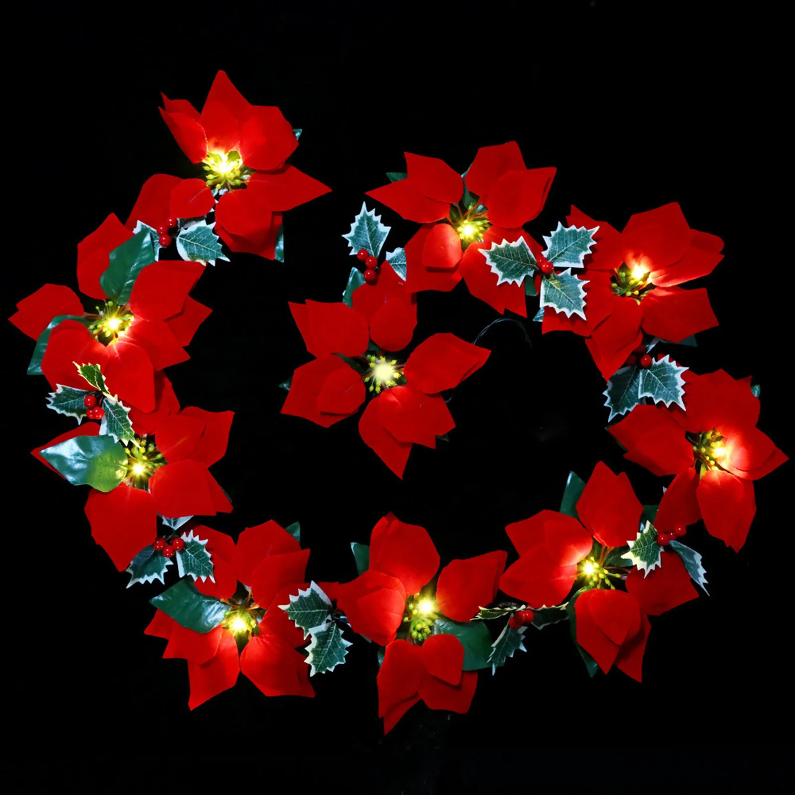 Christmas Poinsettia Garland With Red Berries Velvet Artificial Flower Xmas String Lights Battery Operated Flower Light Strings
Christmas Poinsettia Garland With Red Berries Velvet Artificial Flower Xmas String Lights Battery Operated Flower Light Strings