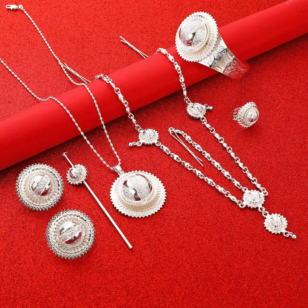 Ethiopian Trendy Silver Color Pendant Chain Earrings Ring Bangle Habesha Wedding Eritrea Jewelry Set | Украшения и аксессуары