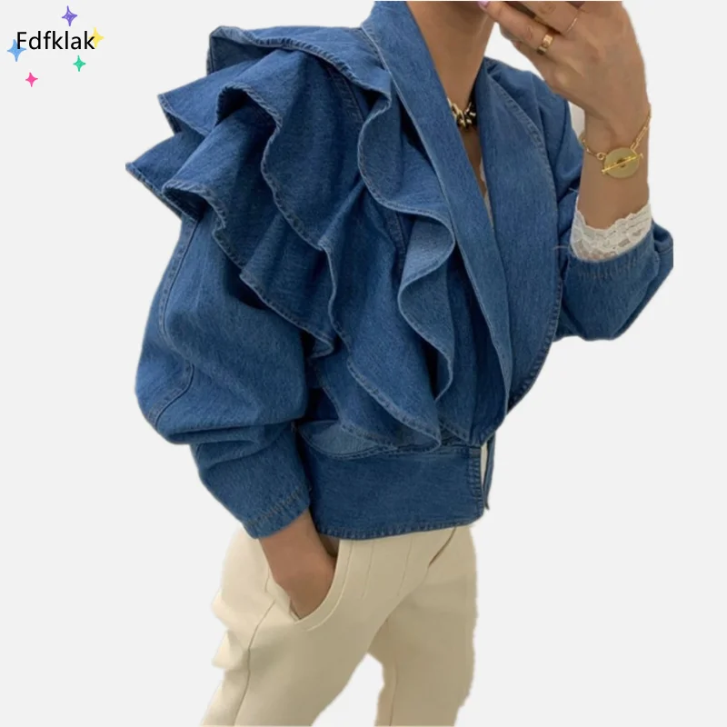 Осенняя Новая корейская модная тонкая джинсовая куртка Fdfklak с V-образным вырезом