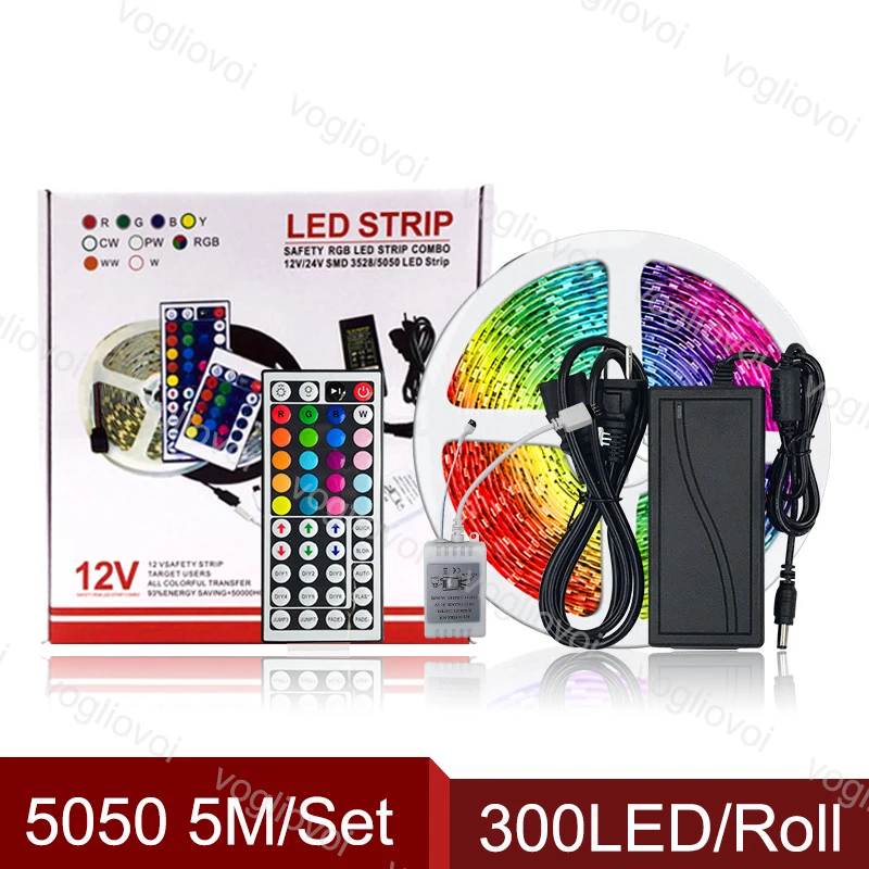 

Vogliovoi Led Light Strip 5M SMD5050 300Leds/Roll DC12V Waterproof Multicolor 24keys 110-240V 5A Adapter Holiday Lighting KTV