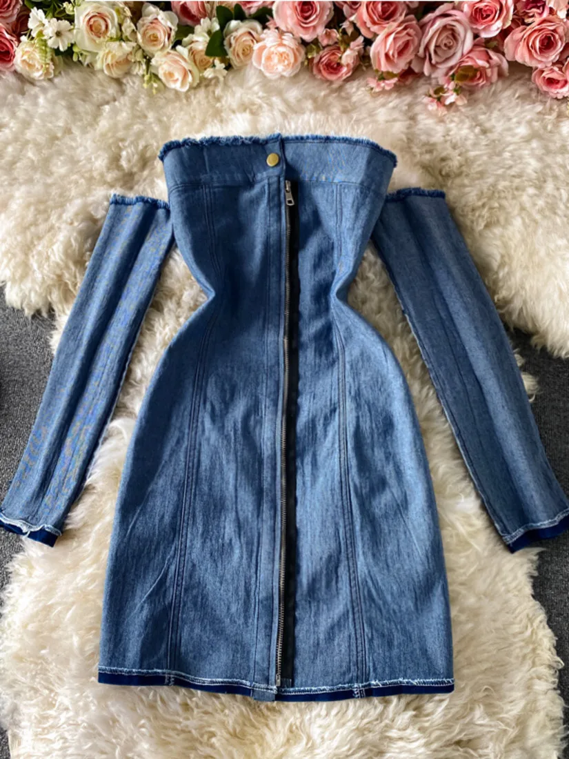 2021 Spring Sexy Shoulder Hollow Out Chic Denim Dress Slash Neck Solid Light Blue Raw Zipper Small Short Mini Party Club Dresses
2021 Spring Sexy Shoulder Hollow Out Chic Denim Dress Slash Neck Solid Light Blue Raw Zipper Small Short Mini Party Club Dresses