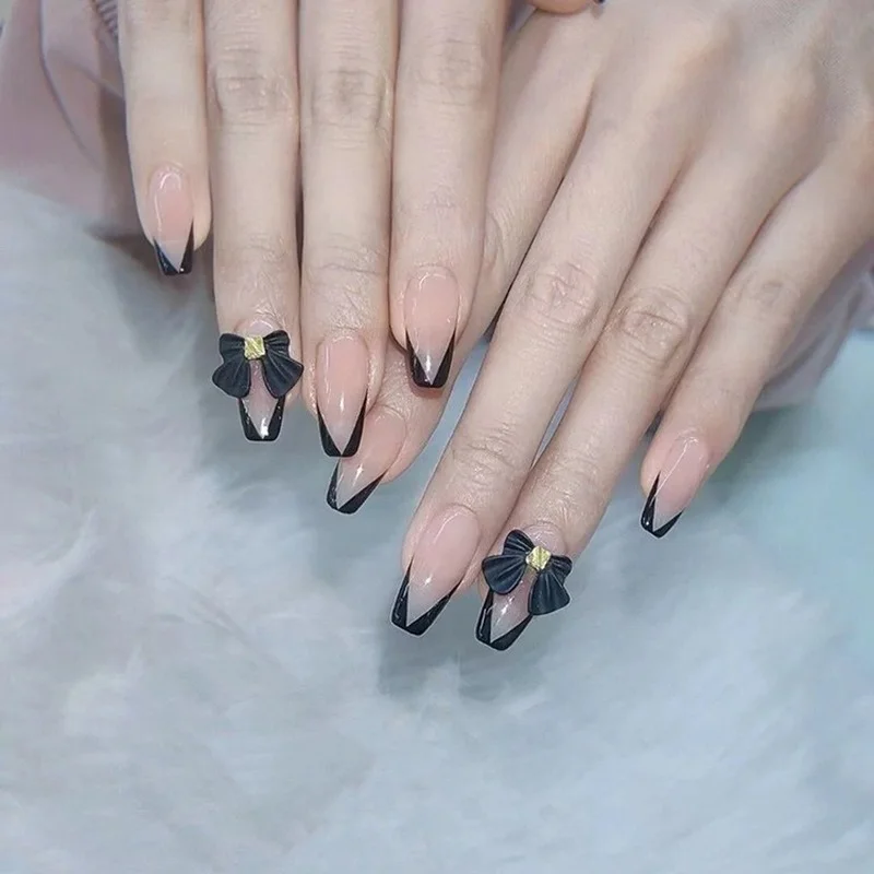 24 Pcs/lot Nail Art French Removable Wear Black bow Long Ballet Acrylic Press On Fake Nails Tips Finished False Nails With Glue
24 Pcs/lot Nail Art French Removable Wear Black bow Long Ballet Acrylic Press On Fake Nails Tips Finished False Nails With Glue