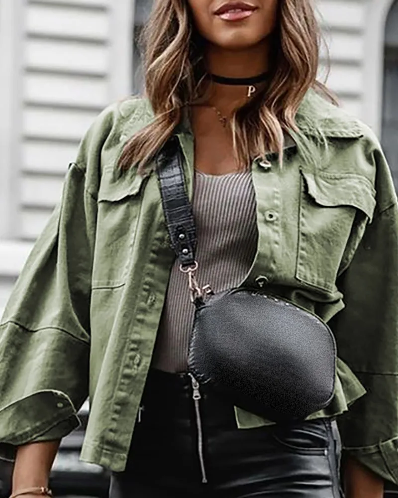 Women's new green casual long-sleeved buttoned jacket with drawstring pocket design loose lapel short jacket
Women's new green casual long-sleeved buttoned jacket with drawstring pocket design loose lapel short jacket