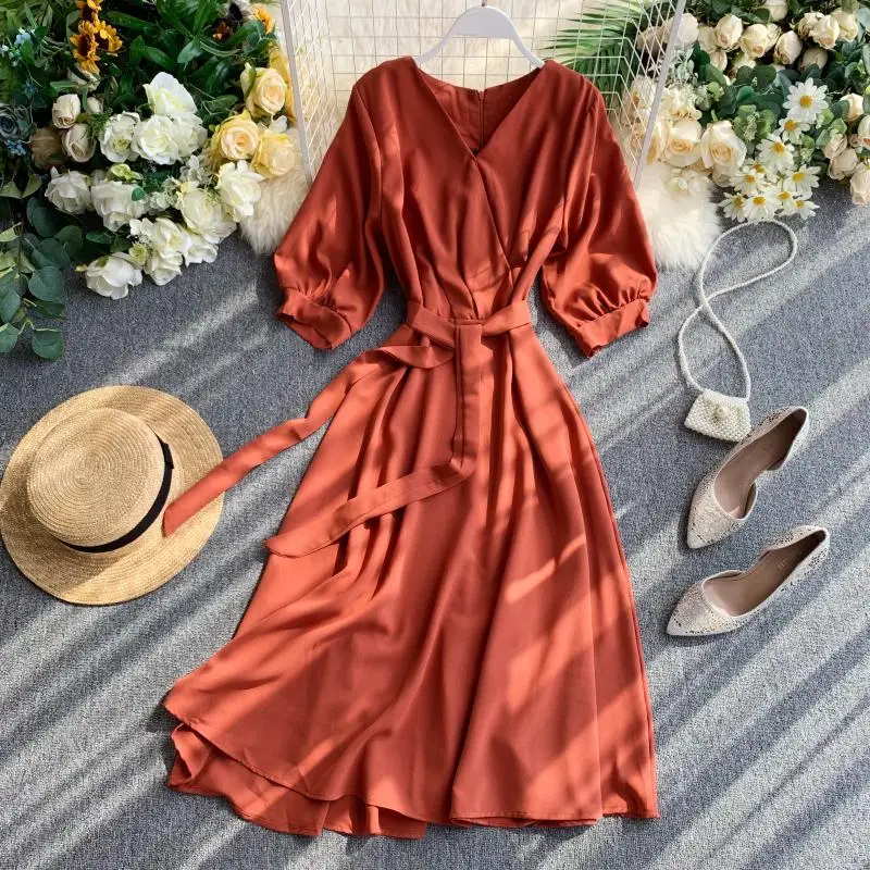 Casual Autumn Half Sleeve V Neck Lace Up Dress New Party A Line Slim Dress Summer Solid Color Mid-calf Dresses Women Ropa Mujer
Casual Autumn Half Sleeve V Neck Lace Up Dress New Party A Line Slim Dress Summer Solid Color Mid-calf Dresses Women Ropa Mujer