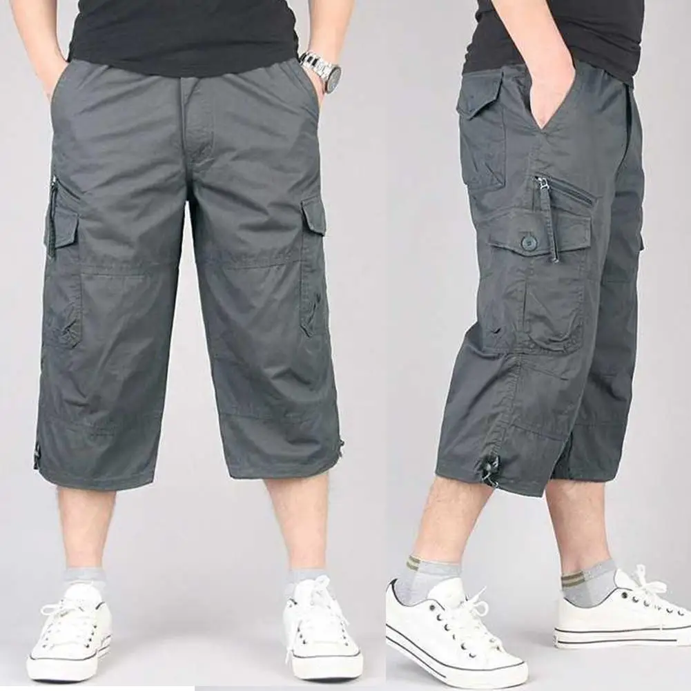 

Summer Men's Casual Cotton Cargo Shorts Overalls Long Length Multi Pocket Hot breeches Military Capri Pants Male Cropped Pants