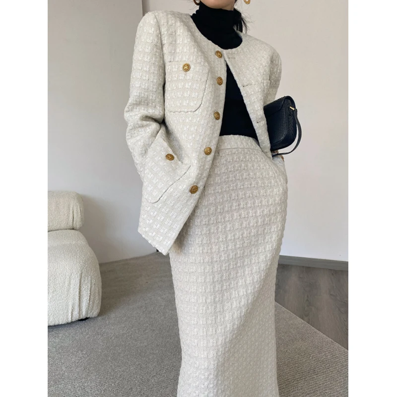 

Winter Long French Slim Ladies Skirts Thick Office Formal Blazer Set Skirt Suit Jacket Ropa De Mujer Suits For Women 2020 EH50SK