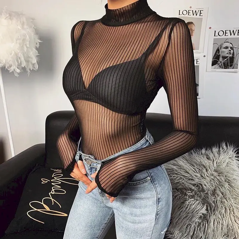 

Stand Collar See-Through Striped T-shirt Mesh Transparent Sexy Bodysuit Women Spring Long Sleeve Backless Party Night Clubwear