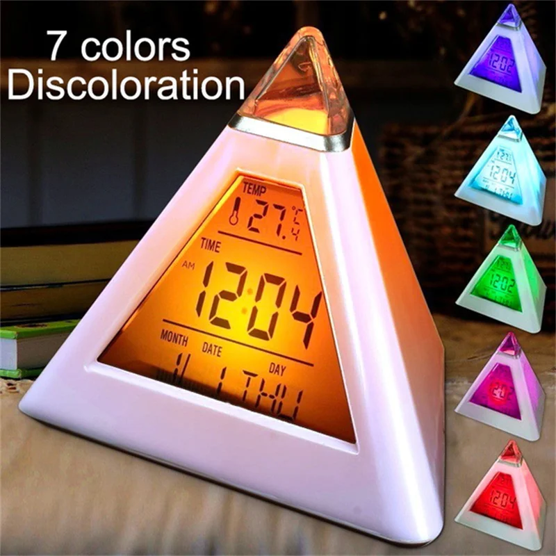 

Pyramid LCD Alarm Table Clock Thermometer Digital Table Clock 7 Colors Backlight Changeable Led Clock Home Night Light