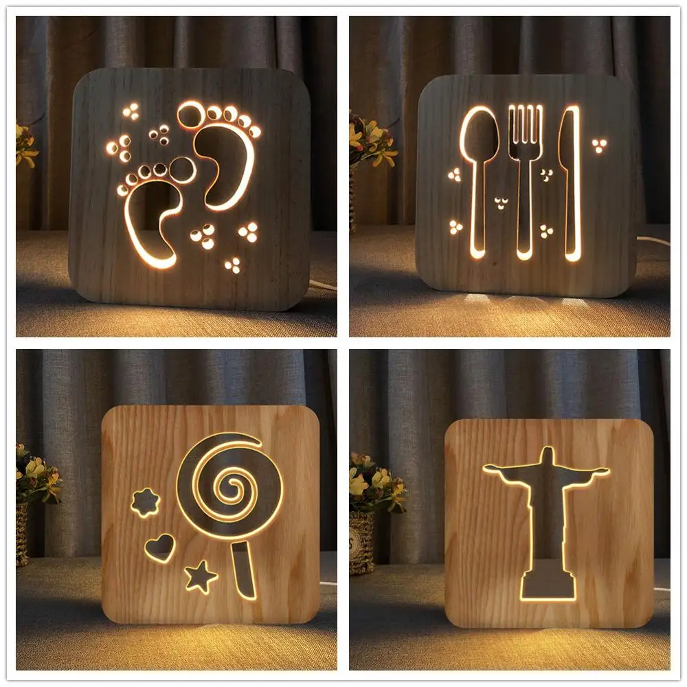 Warm Light Night Lights Footprints Knife Fork Sun Jesuss Lollipop USB LED 3D Wooden Lamp Kids Gift Bedroom Bedside Decoration
Warm Light Night Lights Footprints Knife Fork Sun Jesuss Lollipop USB LED 3D Wooden Lamp Kids Gift Bedroom Bedside Decoration