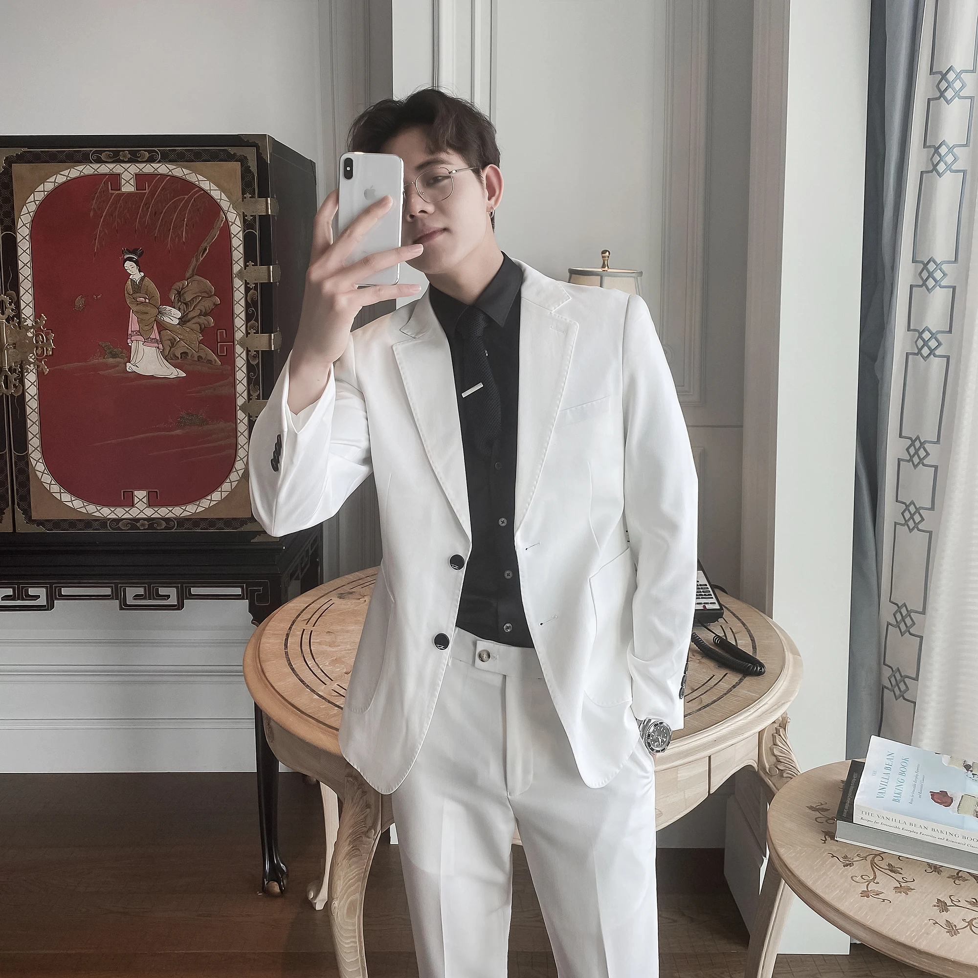 

White 2 Pcs Men Suit Set Groom Wedding Blazer Slim Fit Casual Blazers Business Men Suits Formal Erkekler Ceket Groom Suit BE50XF