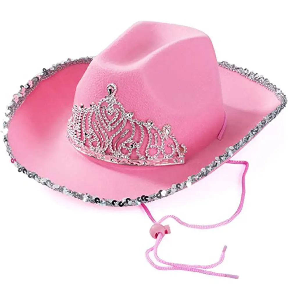 

1Pcs Pink Western Cowboy Caps Cowgirl Hat For Women Girl Tiara Holiday Costume Party Hat Sequins Edge Cap Sombrero De Vaquero