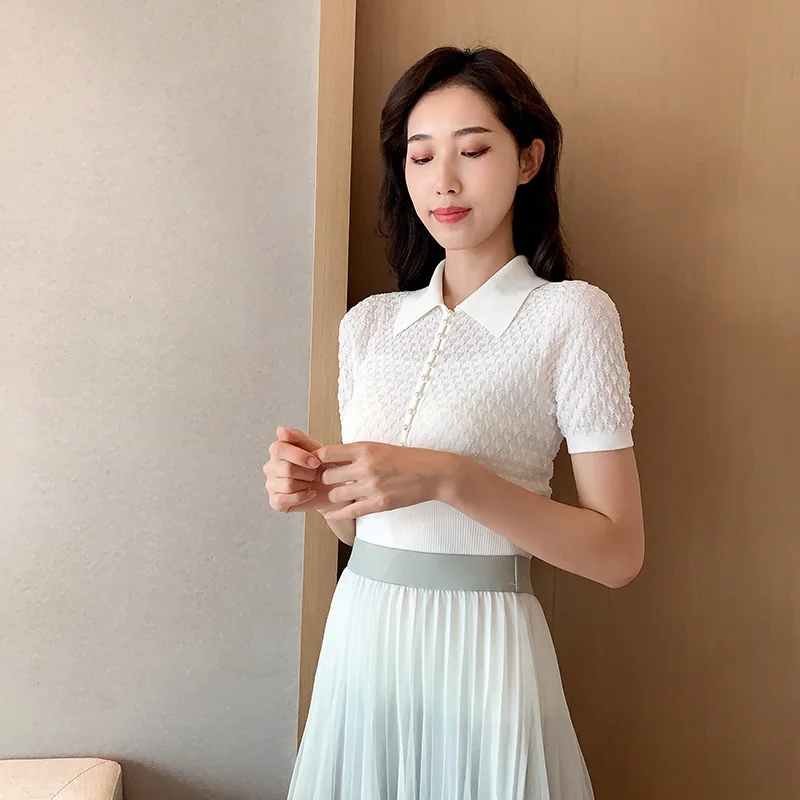 white short sleeve T-shirt summer new knitted polo shirt French sweet temperament slim top girl
white short sleeve T-shirt summer new knitted polo shirt French sweet temperament slim top girl
