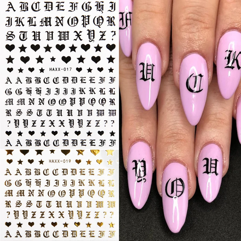 1pcs Old English Font Nail Art Stickers Gold Black White Letters Water Transfer Decals 3D Nail Decorations Sliders Manicure
1pcs Old English Font Nail Art Stickers Gold Black White Letters Water Transfer Decals 3D Nail Decorations Sliders Manicure