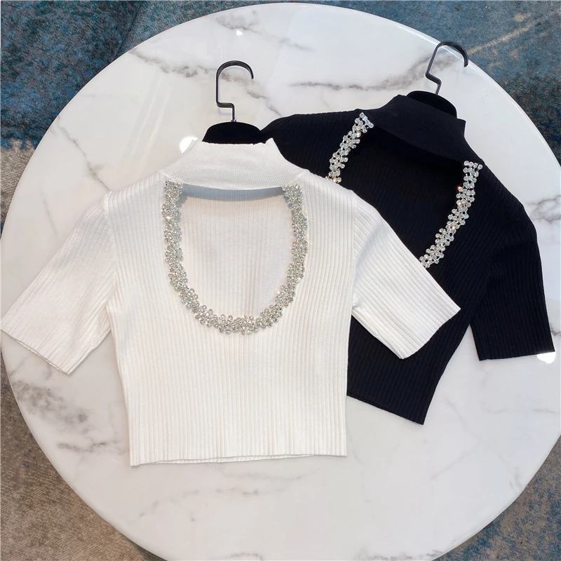 Cropped T-shirt Woman Summer New Elegant Lady Heavy Industry Crystal Tight Short Knitted T-shirt Top Women 2020 White Black
Cropped T-shirt Woman Summer New Elegant Lady Heavy Industry Crystal Tight Short Knitted T-shirt Top Women 2020 White Black