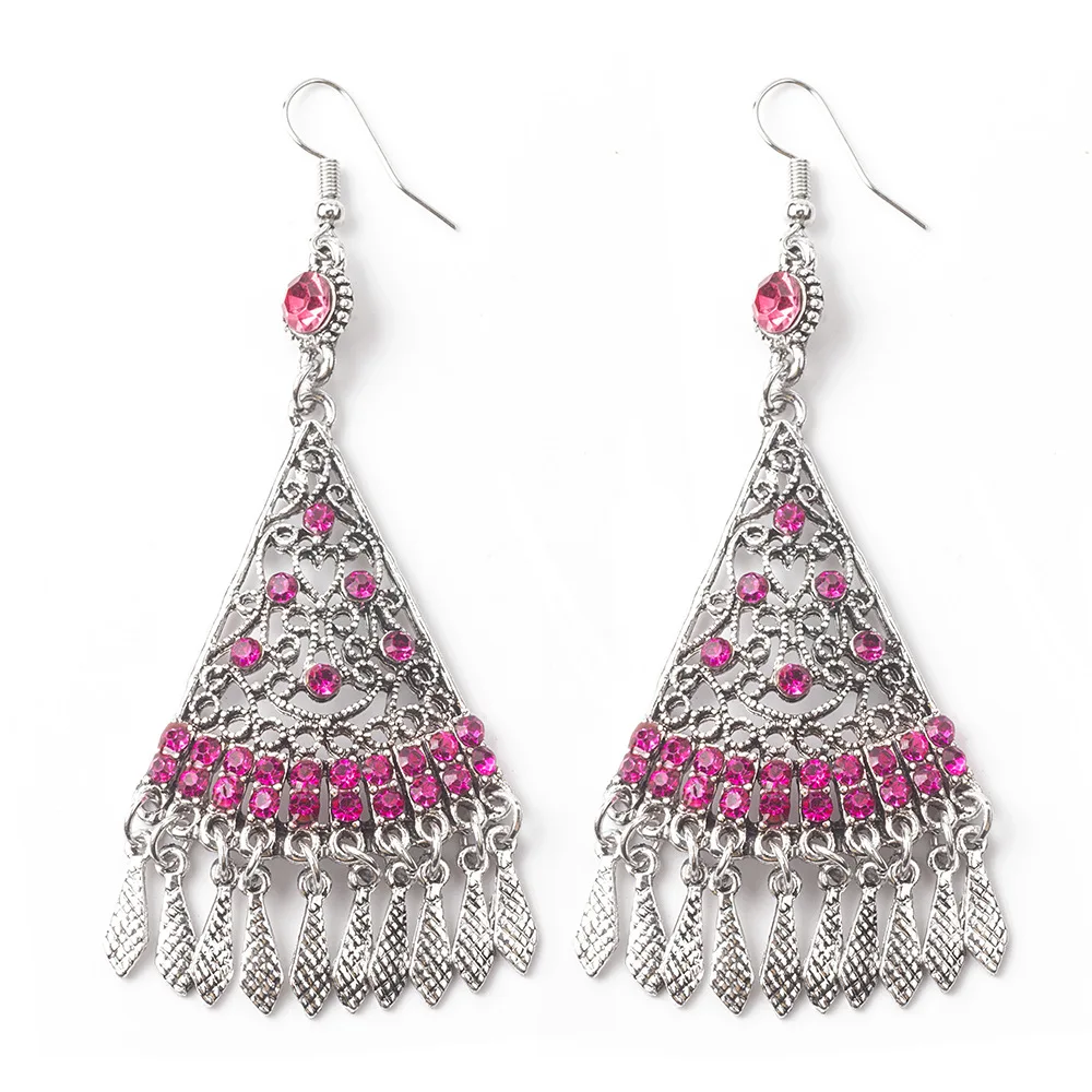 Trendy hollow fan-shaped leaf tassel earrings with diamonds Bohemian design 
Trendy hollow fan-shaped leaf tassel earrings with diamonds Bohemian design