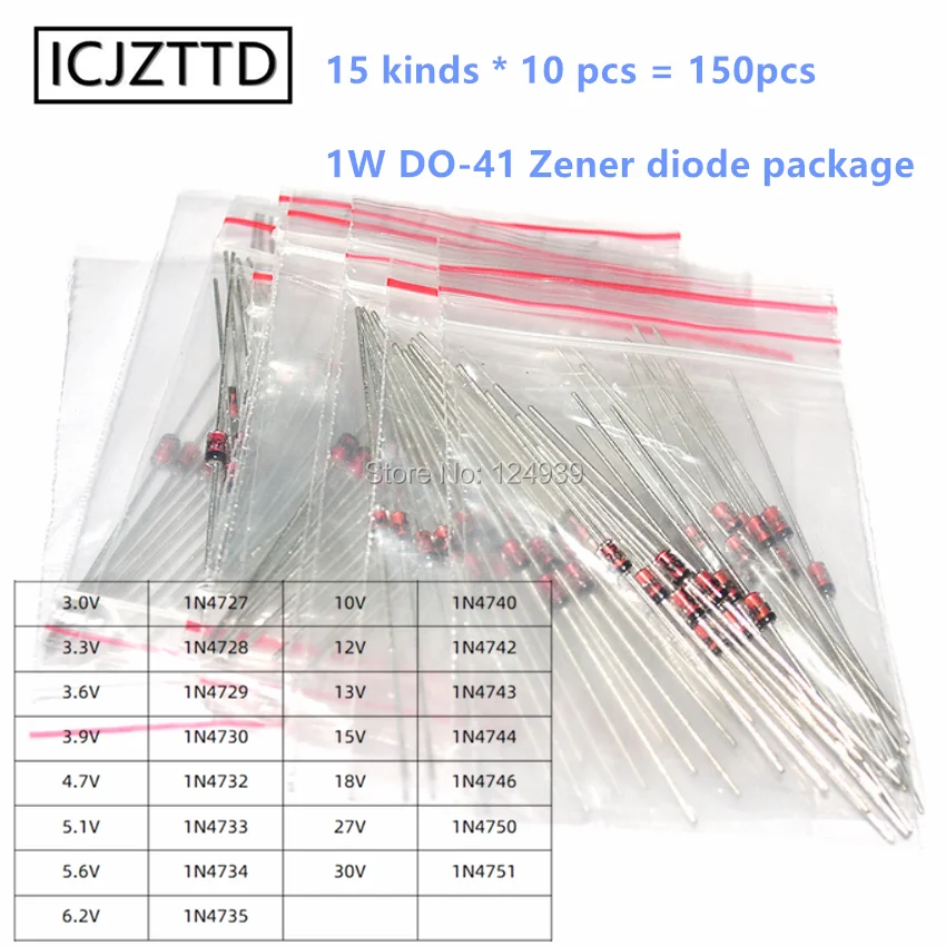 150pcs 1W Zener diode package Component package Commonly DO-41 15 kinds each 10pcs 1N4742 1N4728 1N4732 1N4750 1N4733 1N4751 
150pcs 1W Zener diode package Component package Commonly DO-41 15 kinds each 10pcs 1N4742 1N4728 1N4732 1N4750 1N4733 1N4751