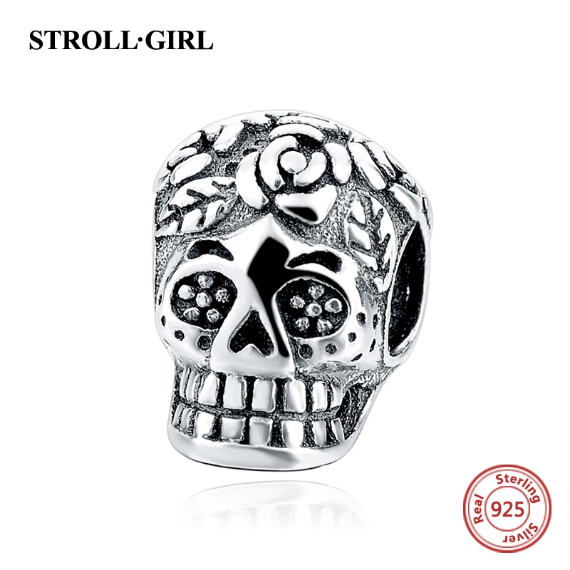 

Strollgirl 100% реальные 925 стерлингового серебра череп ювелирные изделия Бусины подходят оригинальный браслет, кулон авторские украшения для мам...