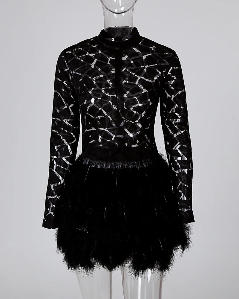 2020 Women Long Sleeve Mini Club Dress Patchwork Sexy Mesh Patchwork Feather Design Dress 
2020 Women Long Sleeve Mini Club Dress Patchwork Sexy Mesh Patchwork Feather Design Dress