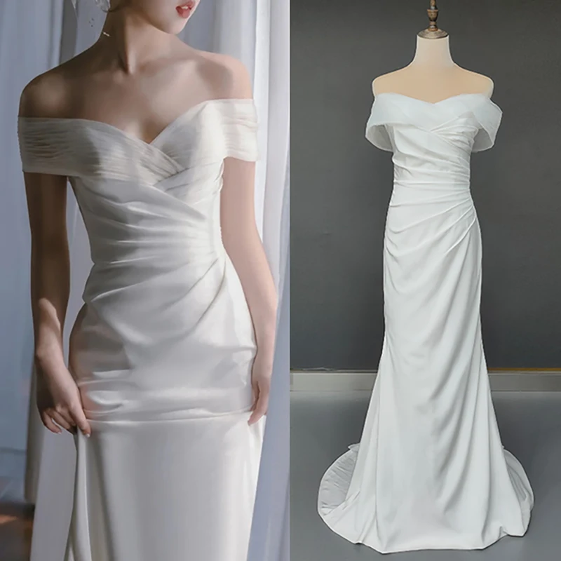 Off Shoulder Simple Satin Bridal Gown Mermaid Cheap Elegant Custom Made Plus Size Micro Pleated Tulle Ribbon Wedding Party Dress
Off Shoulder Simple Satin Bridal Gown Mermaid Cheap Elegant Custom Made Plus Size Micro Pleated Tulle Ribbon Wedding Party Dress