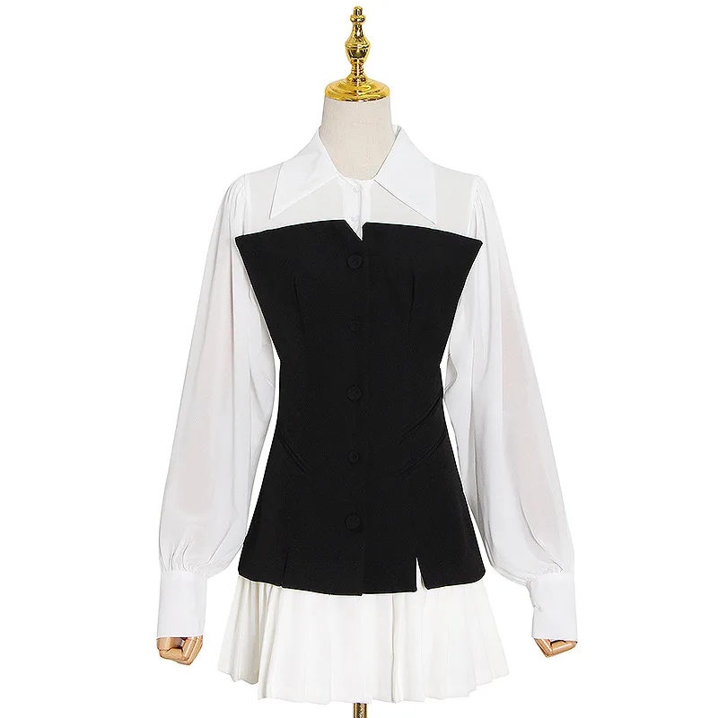 New fashion lapel lantern sleeve pleated A pendulum shirt stitching three-dimensional waist long strapless dress
New fashion lapel lantern sleeve pleated A pendulum shirt stitching three-dimensional waist long strapless dress