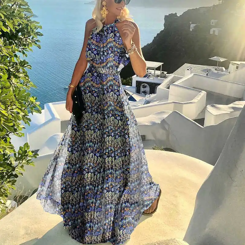 Summer Sleeveless Pleated Maxi Boho Dress Elegant Vintage Print Lady Beach Party Dress Women Sexy Halter O-Neck Long Dress 2021
Summer Sleeveless Pleated Maxi Boho Dress Elegant Vintage Print Lady Beach Party Dress Women Sexy Halter O-Neck Long Dress 2021