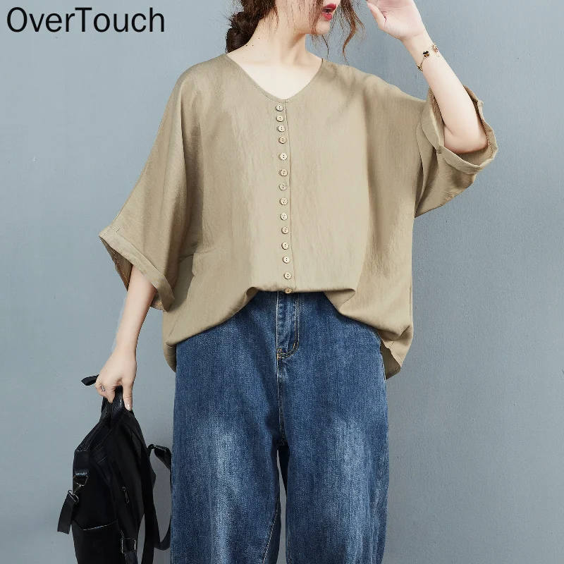 Summer Plus Size Women T-shirt Linen Bat Sleeves Solid V-Neck Loose Casual Buttons Tops Large New Oversize Tees 2021
Summer Plus Size Women T-shirt Linen Bat Sleeves Solid V-Neck Loose Casual Buttons Tops Large New Oversize Tees 2021