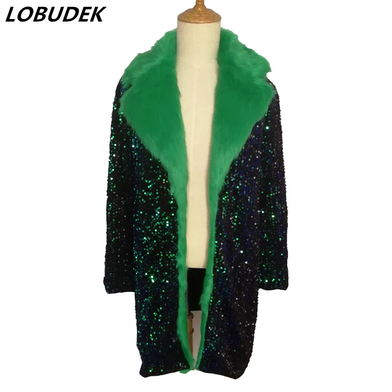 

Пальто мужское длинное со светоотражающими блестками, зеленое пальто в стиле панк из искусственного меха, верхняя одежда для выступлений и ...