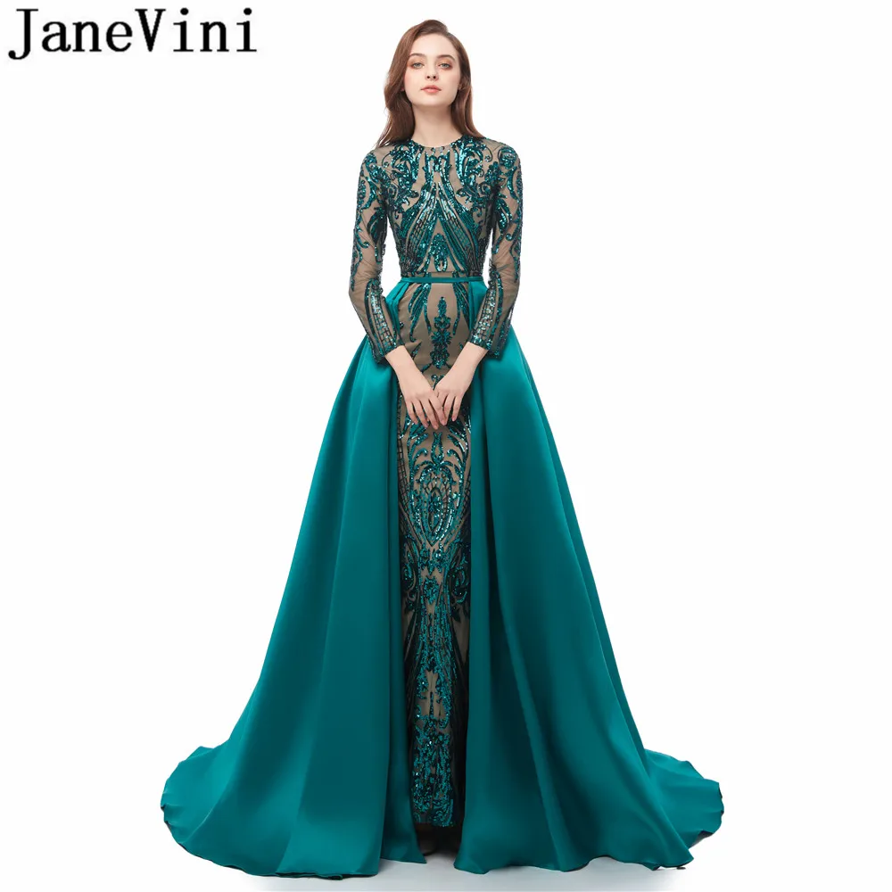 

JaneVini Robe Dubai Long Sleeve Sequin Gown Mermaid Party Arabic Dress Bling Sequined Removable Train Green Evening Dresses 2019