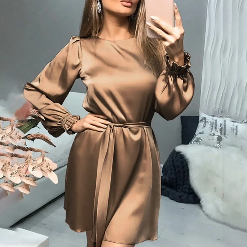 Women Casual O-Neck Satin Mini Dress solid Lantern Sleeve Sashes A Line Party Dress 2021 New Fishtion Spring Women Elegant Dress
Women Casual O-Neck Satin Mini Dress solid Lantern Sleeve Sashes A Line Party Dress 2021 New Fishtion Spring Women Elegant Dress