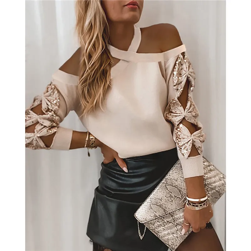 Casual Knitted Sweater Women Fashion Long Sleeve Bow Sequined Halter Pullovers Office Lady Spring Sweater Women Winter Knitwear
Casual Knitted Sweater Women Fashion Long Sleeve Bow Sequined Halter Pullovers Office Lady Spring Sweater Women Winter Knitwear