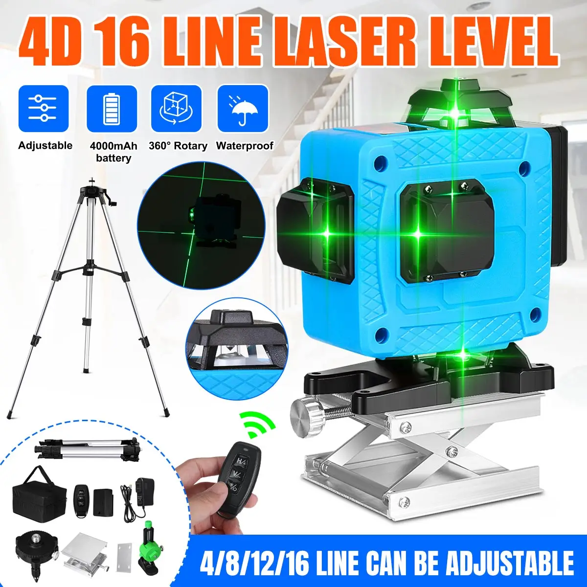 16 Lines 4D Green Laser Level Self-Leveling 360 Degrees Horizontal And Vertical Cross Lines Green Laser Line With Tripod Battery
16 Lines 4D Green Laser Level Self-Leveling 360 Degrees Horizontal And Vertical Cross Lines Green Laser Line With Tripod Battery
