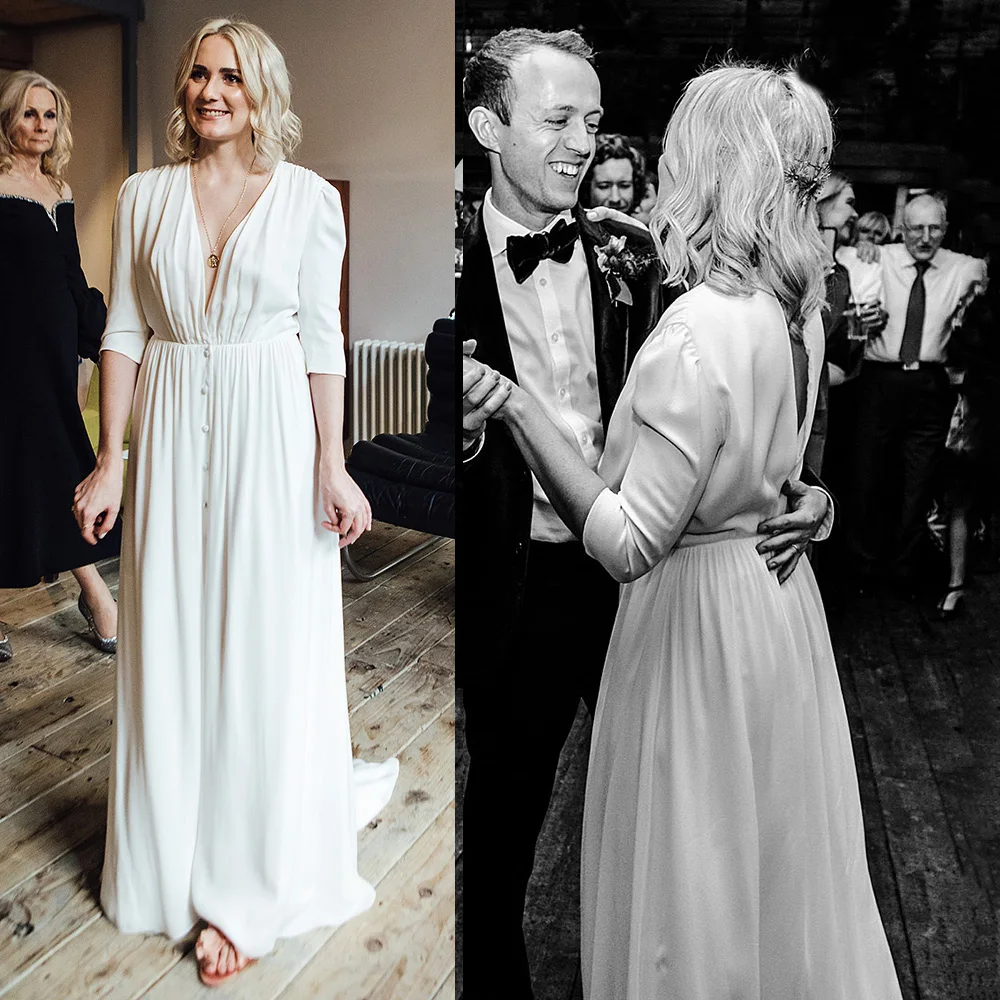 Plain Satin Deep V Neck 1/2 Half Sleeves Wedding Gowns Custom Made Ruched Elegant Backless A Line Photoshoot Bridal Dress
Plain Satin Deep V Neck 1/2 Half Sleeves Wedding Gowns Custom Made Ruched Elegant Backless A Line Photoshoot Bridal Dress