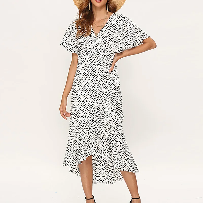 European and American summer print high-waist lace-up V-neck sexy chiffon irregular dress
European and American summer print high-waist lace-up V-neck sexy chiffon irregular dress