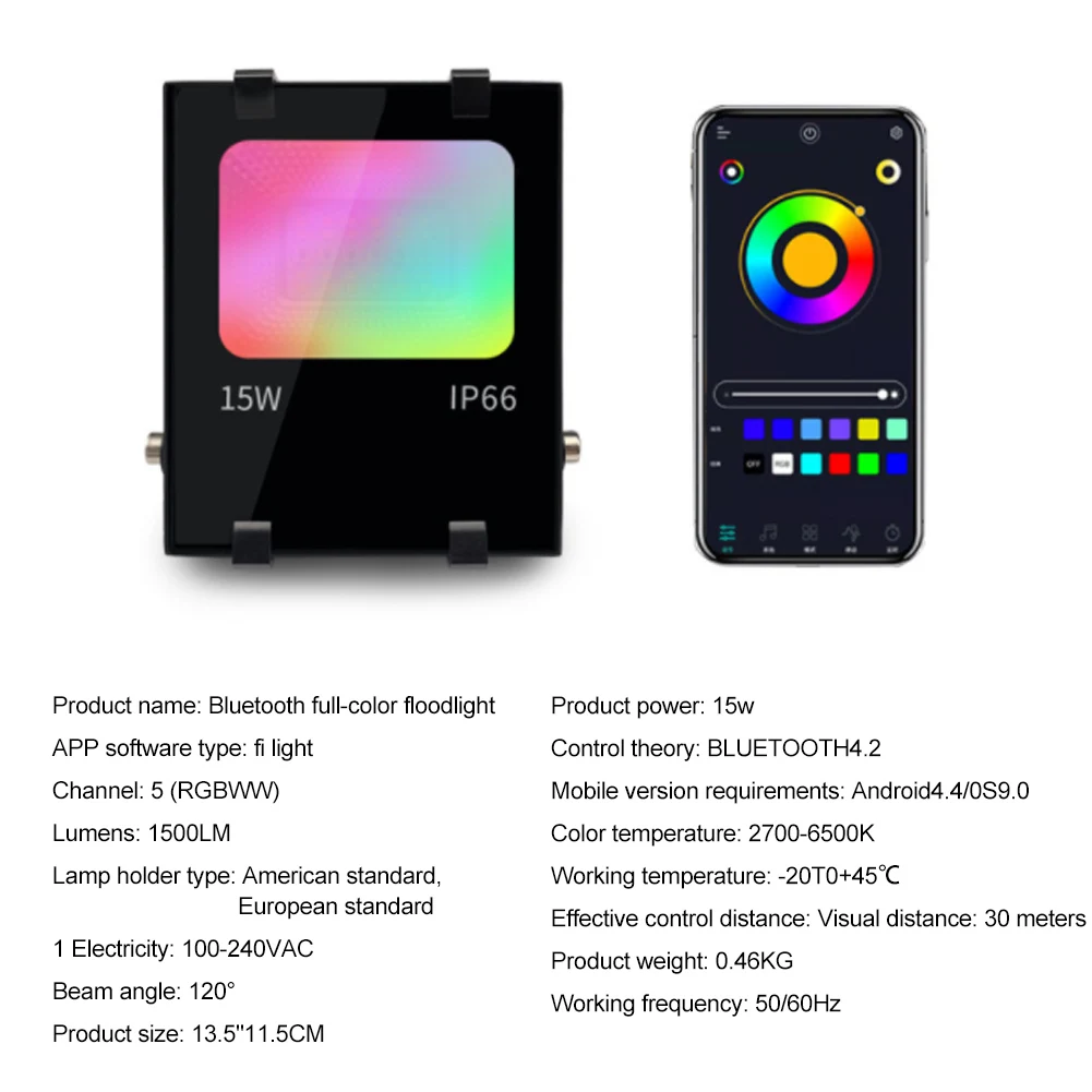 LED Flood Light 15W 2700K Bluetooth Control 85-265V IP66 Waterproof Smart Floodlight with 16 Million Colors 20 Modes Dropship
LED Flood Light 15W 2700K Bluetooth Control 85-265V IP66 Waterproof Smart Floodlight with 16 Million Colors 20 Modes Dropship
