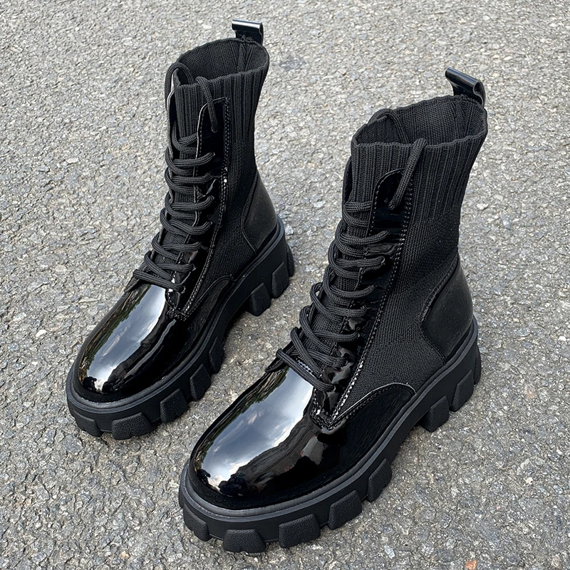 Women Short Boots Fashion Sock Patent Leather Black Booties Shoes Platform Flat Motorcycle Knitting Boots Women Botas Mujer 
Women Short Boots Fashion Sock Patent Leather Black Booties Shoes Platform Flat Motorcycle Knitting Boots Women Botas Mujer