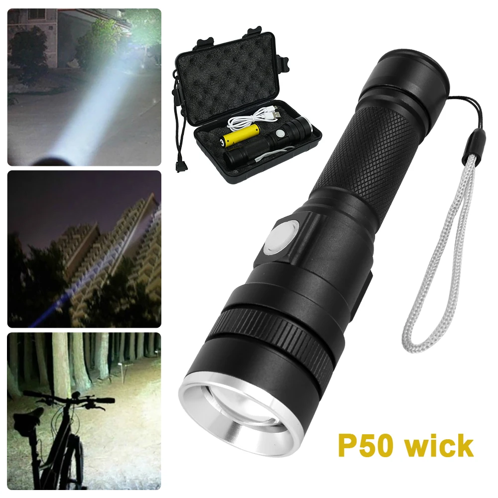 Bright Flashlight IPX5 Waterproof Electric Torch with 2000mah Batteries Emergency Camping Hiking Zoom 50-100M USB Flashlight
Bright Flashlight IPX5 Waterproof Electric Torch with 2000mah Batteries Emergency Camping Hiking Zoom 50-100M USB Flashlight