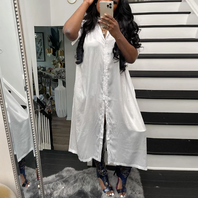 Women Short Sleeve Button Down White Shirt Dress Back Slit Chic Midi Dress 
Women Short Sleeve Button Down White Shirt Dress Back Slit Chic Midi Dress