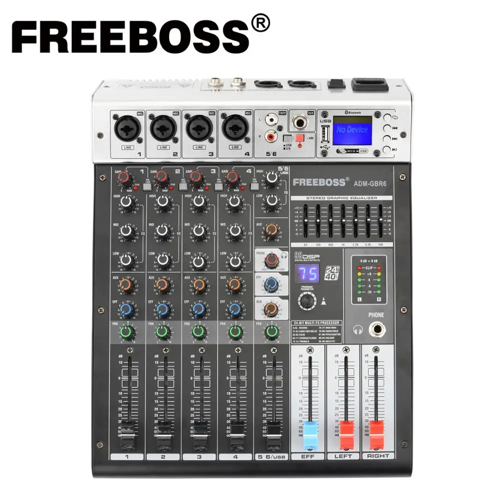 Freeboss ADM-GBR6 48 В фантомное питание Repaeat Effect USB функция Bluetooth караоке DJ консоль 99DSP микшер аудио 6-канальный
Freeboss ADM-GBR6 48 В фантомное питание Repaeat Effect USB функция Bluetooth караоке DJ консоль 99DSP микшер аудио 6-канальный