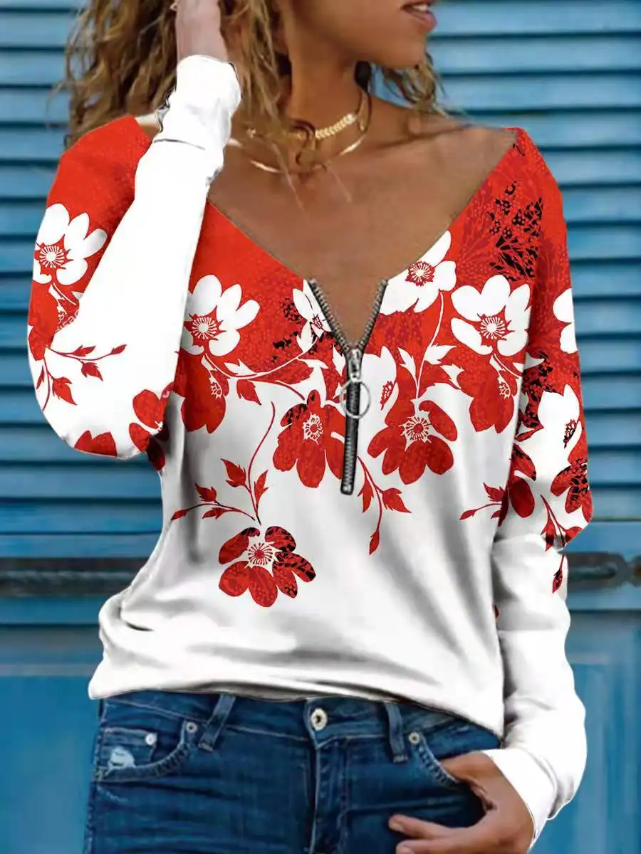 Autumn Women T Shirt Deep V Neck Zipper Pullover Floral Printed Loose Tees Casual Fashion Lady Tops Blouse Plunging T Shirts
Autumn Women T Shirt Deep V Neck Zipper Pullover Floral Printed Loose Tees Casual Fashion Lady Tops Blouse Plunging T Shirts