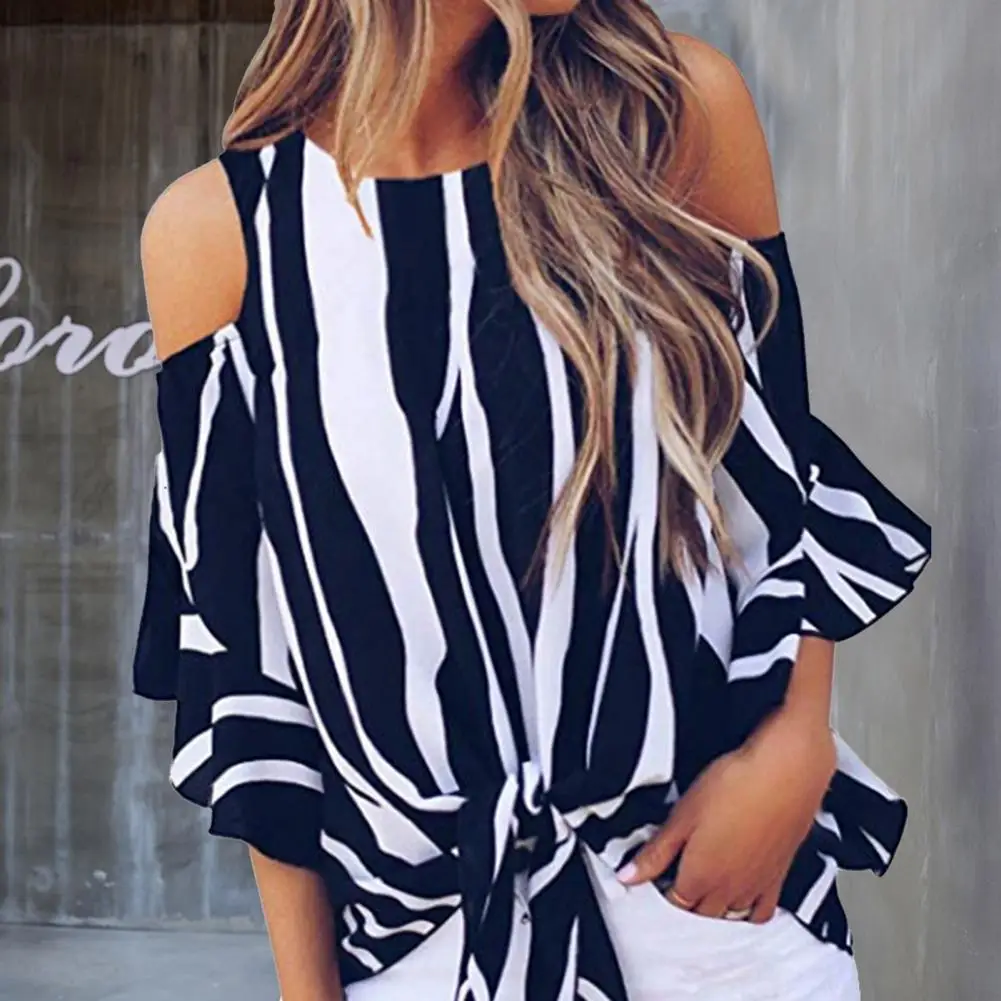 Women Chiffon Blouses Off Shoulder Ruffles Half Sleeve Sexy Round Neck Bowknot Striped Shirt Tops for Daily Wear
Women Chiffon Blouses Off Shoulder Ruffles Half Sleeve Sexy Round Neck Bowknot Striped Shirt Tops for Daily Wear