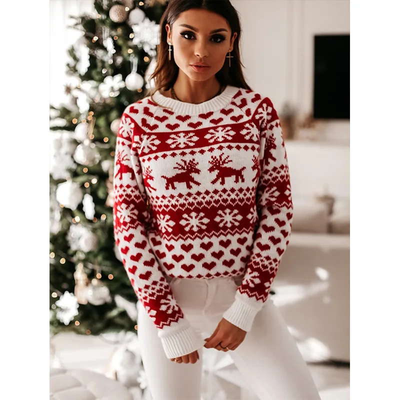 2020 New Female Christmas Sweater Winter Warm Floral Print Round Neck Long Sleeve Knitted Sweater for Women
2020 New Female Christmas Sweater Winter Warm Floral Print Round Neck Long Sleeve Knitted Sweater for Women