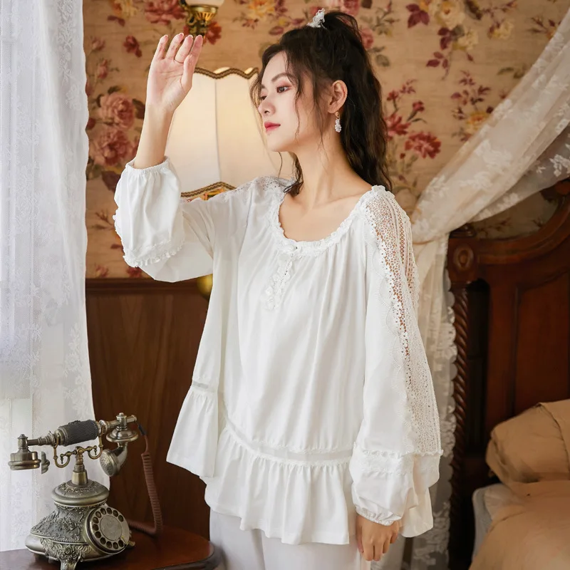 Retro Long Sleeve Pajamas Women Cotton Spring Sleepwear Loose Royal Princess Two Piece Lounge Wear White Sexy Nightwear Home Set
Retro Long Sleeve Pajamas Women Cotton Spring Sleepwear Loose Royal Princess Two Piece Lounge Wear White Sexy Nightwear Home Set