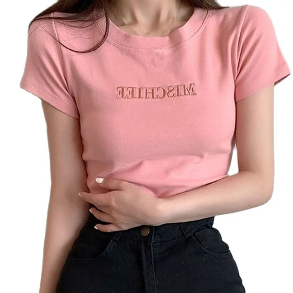 Letter Printing Stitch Pink Crop Top O-neck Short Sleeve T-shirts clothes vintage tee Tops
Letter Printing Stitch Pink Crop Top O-neck Short Sleeve T-shirts clothes vintage tee Tops