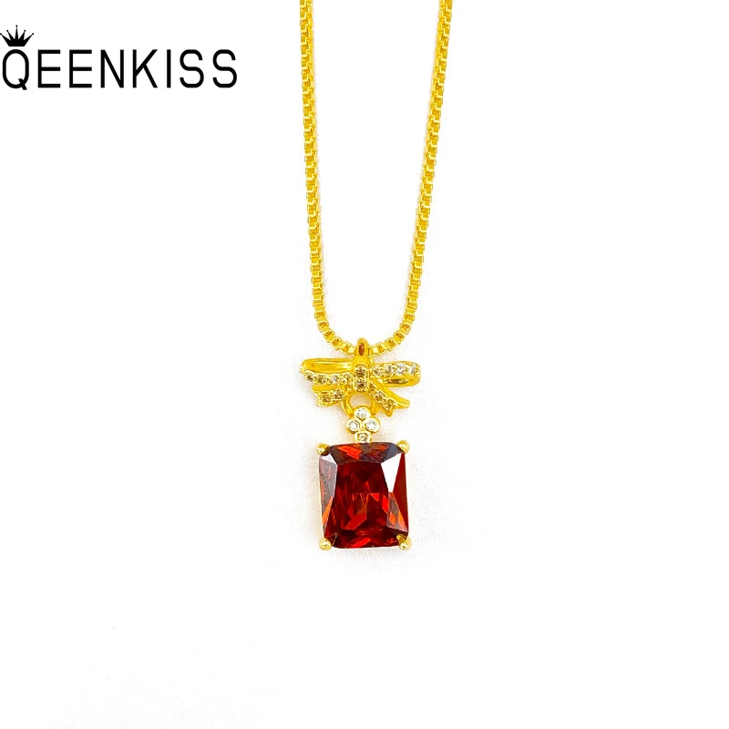 

QEENKISS NC5100 Fine Jewelry Wholesale Fashion Woman Girl Birthday Wedding Gift Bowknot AAA Zircon 24KT Gold Pendant Necklaces