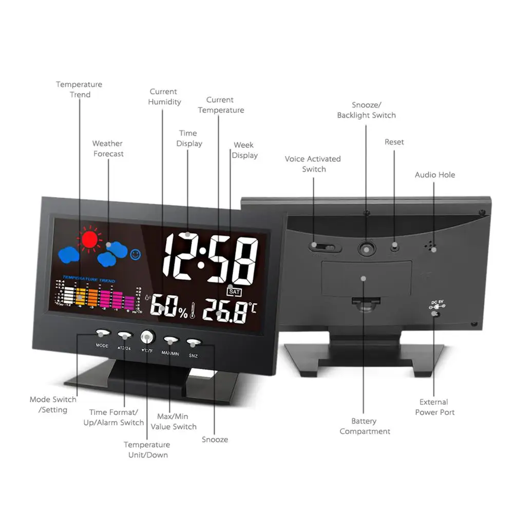 Voice Control Alarm Clock Backlight LCD Digital Weather Perpetual Calendar Snooze Hygrometer Thermometer Creative Decoration
Voice Control Alarm Clock Backlight LCD Digital Weather Perpetual Calendar Snooze Hygrometer Thermometer Creative Decoration