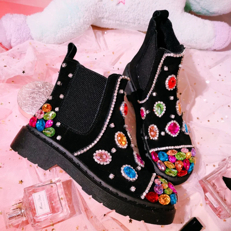OEING Womens Ankle Boots Diamond Crystal Rainbow Colors Round Toe Chunky Heel Punk DIY British Styles Shoes New Black 2022
OEING Womens Ankle Boots Diamond Crystal Rainbow Colors Round Toe Chunky Heel Punk DIY British Styles Shoes New Black 2022